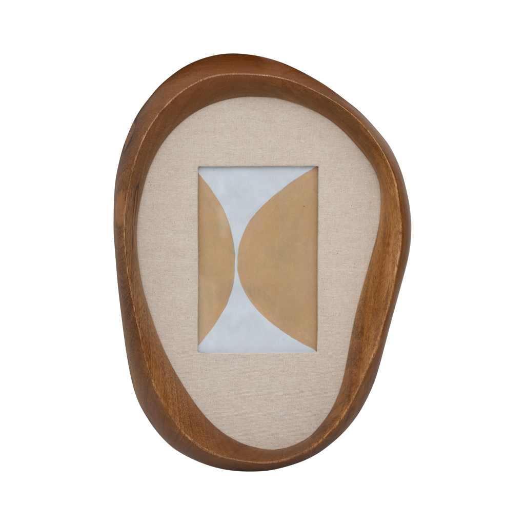 A photo frame with a three-dimensional, organic curved shape in the matte finish golden oak, featuring a linen interior. Hooks on the backside. Made of eco-friendly mangowood, of which the timber is harvested after the mango tree passed its fruit-bearing life span.