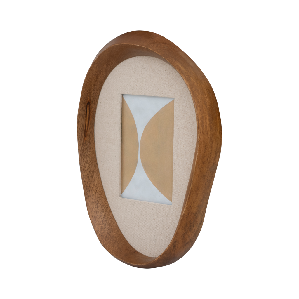 A photo frame with a three-dimensional, organic curved shape in the matte finish golden oak, featuring a linen interior. Hooks on the backside. Made of eco-friendly mangowood, of which the timber is harvested after the mango tree passed its fruit-bearing life span.