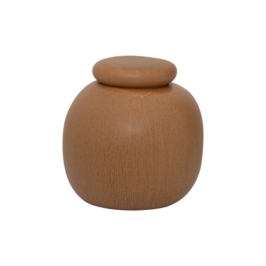 A round shaped storage jar with a gently rounded, substantial lid, finished in a inviting mid-brown matt reactive glaze. Made from a balanced mix of recycled and virgin ceramics.