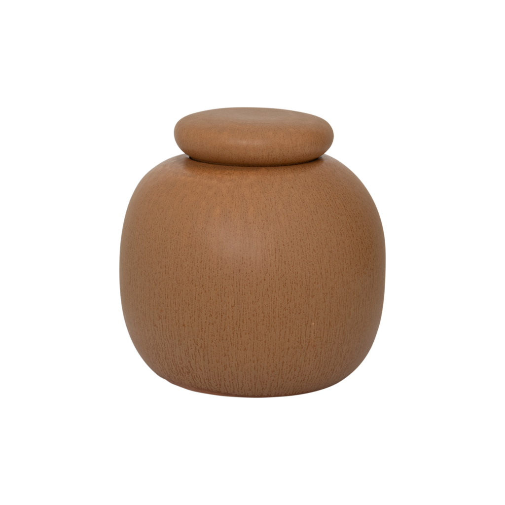 A round shaped storage jar with a gently rounded, substantial lid, finished in a inviting mid-brown matt reactive glaze. Made from a balanced mix of recycled and virgin ceramics.