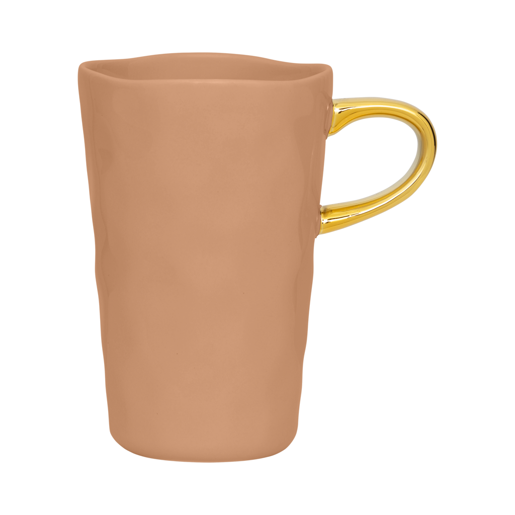 Part of the Good Morning Collection. Latte cup in the colour clay With a hand-painted golden ear Colour clay a mid tone pastel.