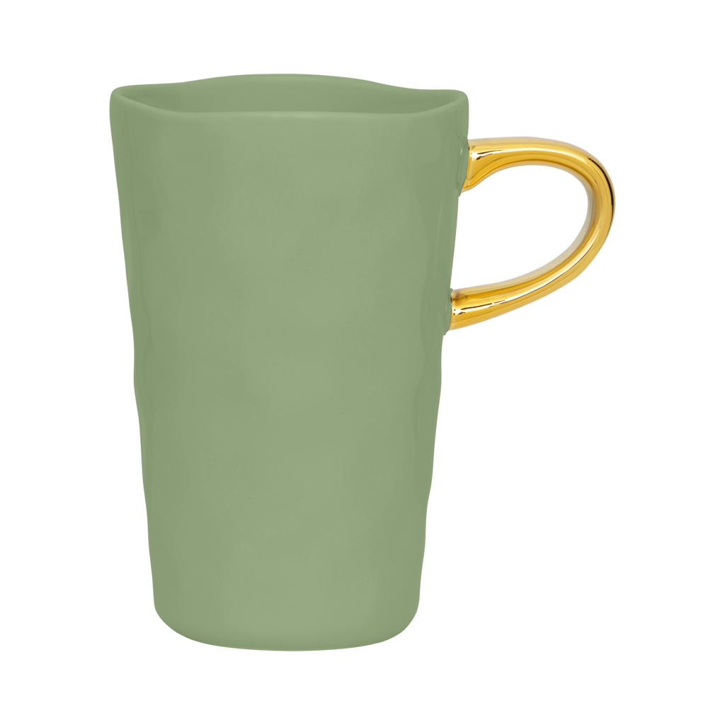 Part of the Good Morning Collection. Latte cup in the colour matcha With a hand-painted golden ear Colour matcha a mid tone pastel.
