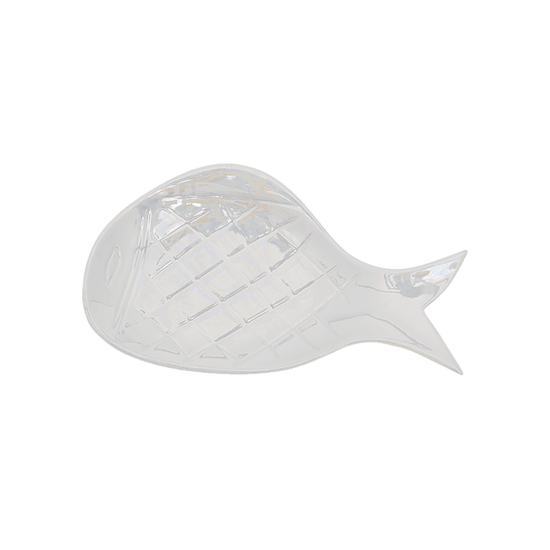 Stoneware bowl formed like a fish painted to look like it is made of pearl